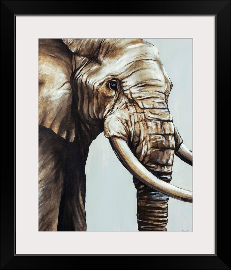 Painted brown and gray portrait of an elephant.