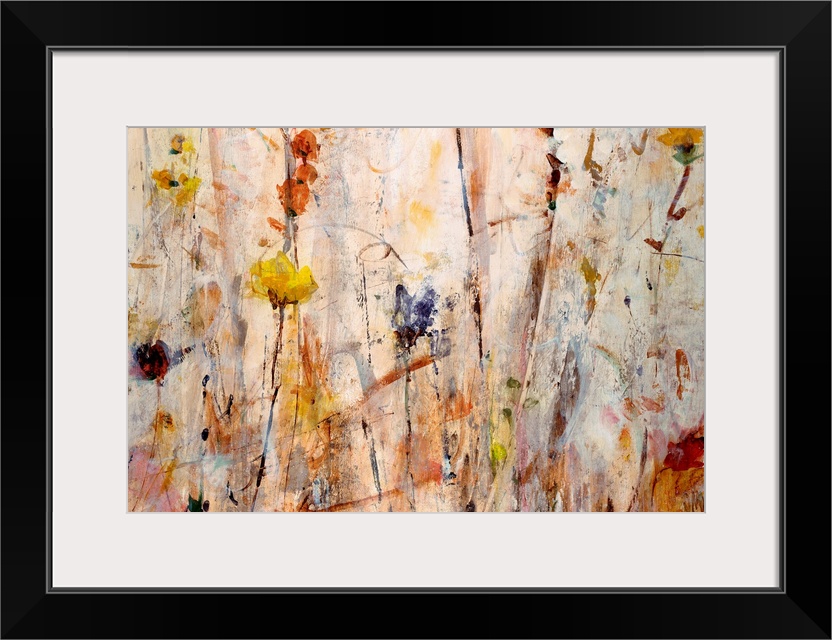 Giant abstract painting of flowers that is composed of inviting tones and lots of vertical lines.