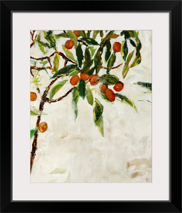 Contemporary painting of a kumquat tree over a neutral background.