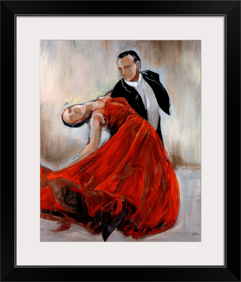 Huge contemporary art depicts a man in a tuxedo dancing with a woman in a flowing bright dress while in front of a simple ...