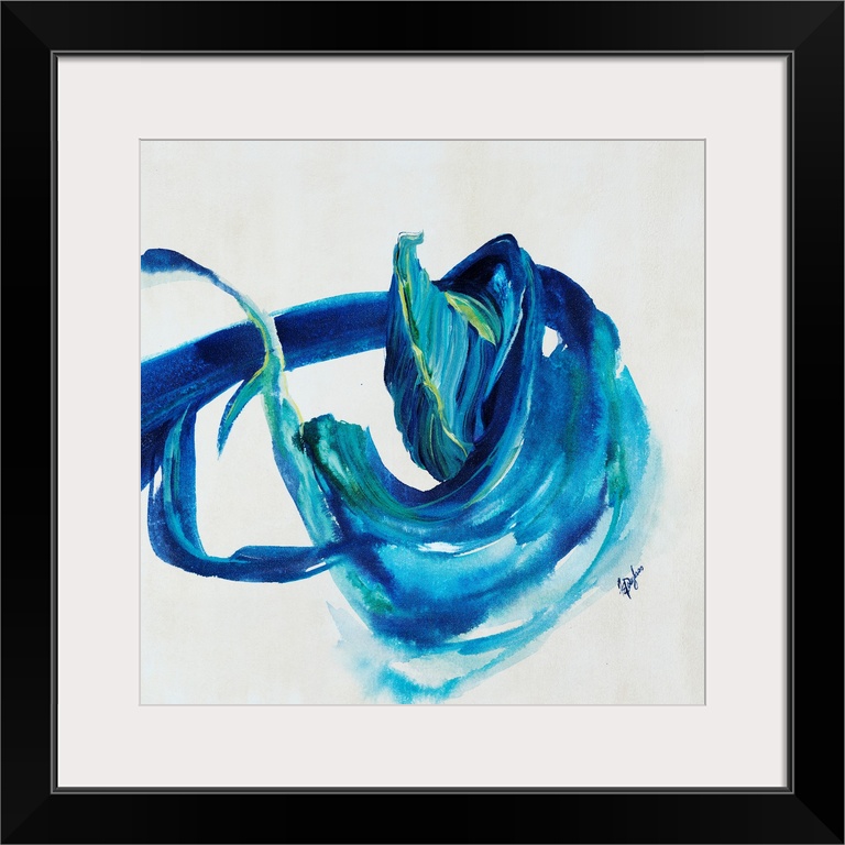 Contemporary painting of an energetic form painting in various shades of blue with hints of yellowish-green.