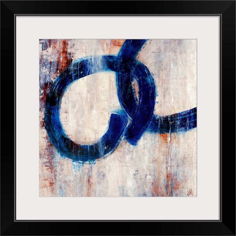 Square, contemporary art on a large canvas of two dark rings interlocking, on a patchy background of various neutral colors.