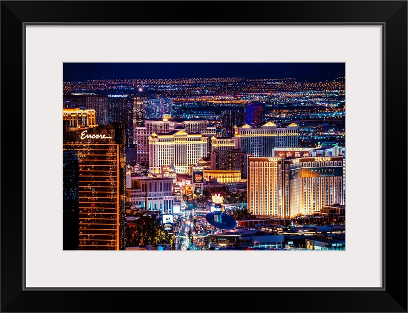 View of hotels and casinos near Las Vegas strip in Nevada at night.