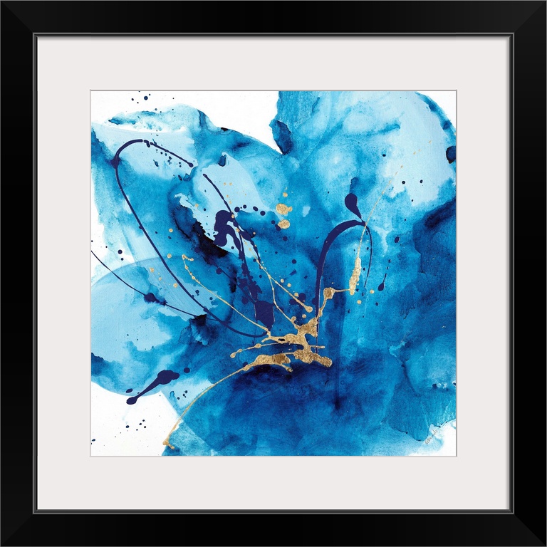 Contemporary abstract painting using a splash of vibrant blue against a white background.