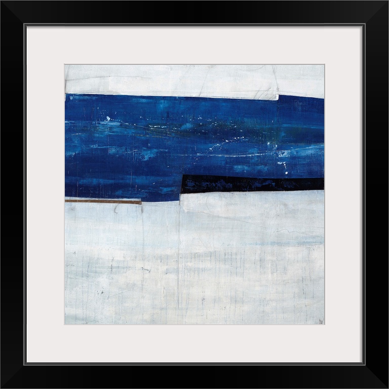 Abstract painting of a navy blue strip over a cool, gray-blue background.