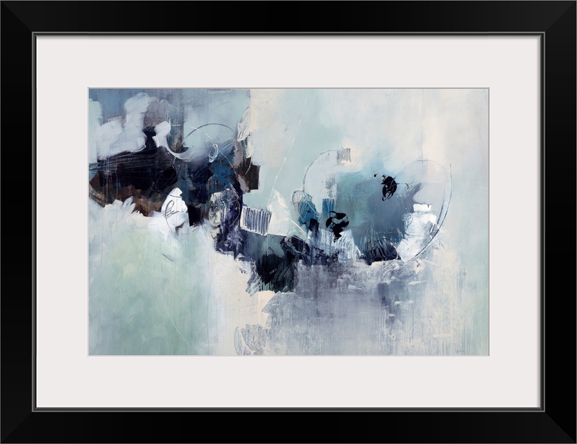 Abstract painting of a cluster of random shapes and cool neutral tones that appear to breaking through a background of thi...