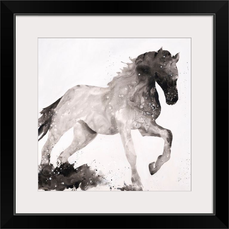 Silhouette of a horse with its front leg up in shades of black and gray on a white, square background.