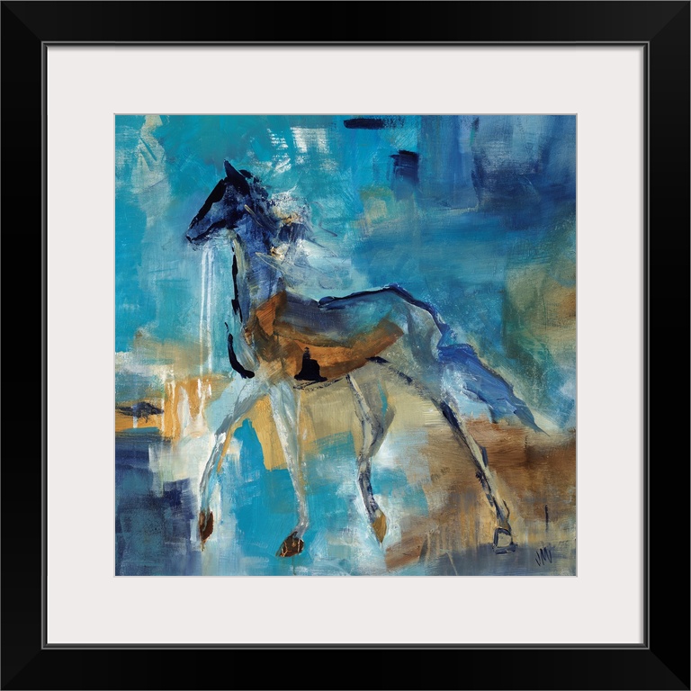 Abstract portrait of a horse in various shades of blue and brown.