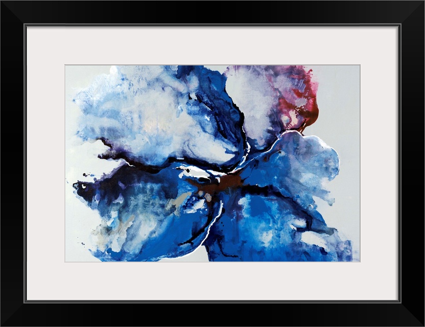 Large abstract art incorporates jagged patches of mostly monochromatic cool tones in front of a bare background.