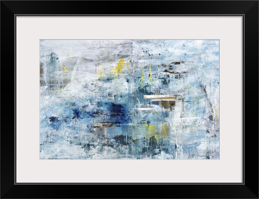 A textured abstract painting in shades of blue and gray with elements of yellow throughout.