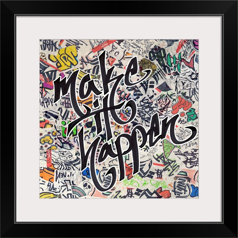 Graffiti-style lettering over a grunge background of pop stickers and symbols.