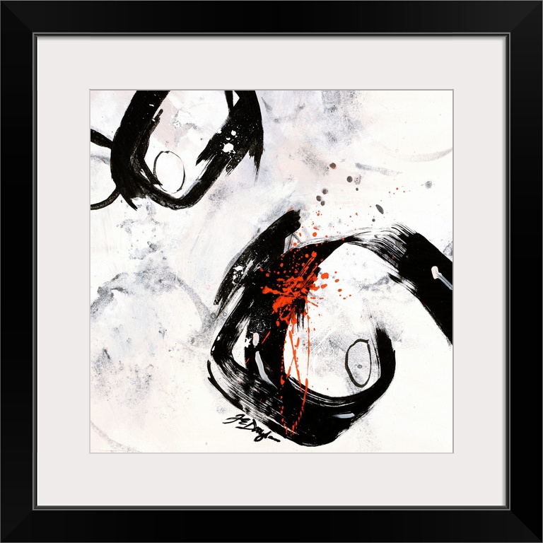 Contemporary abstract painting of two boldly colored circles surrounded by paint smudges and covered in paint splatter.