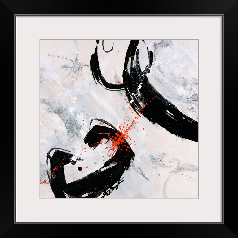 A fierce abstract contemporary painting with bold, dark strokes moving purposefully over the neutral background.