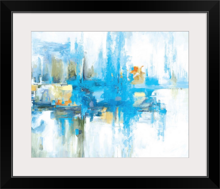 Contemporary abstract painting in vibrant shades of blue with soft yellow and grey tones.