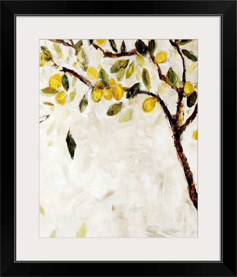 Contemporary painting of a Meyer lemon tree over a neutral background.