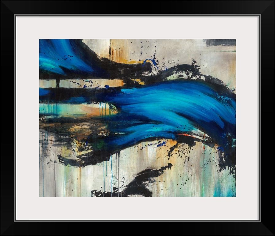 Contemporary artwork of a bright blue wave-like form overtop a neutral background with black splatters.