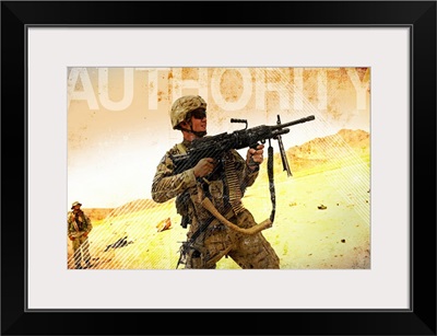 Military Grunge Poster: Authority. A soldier firing his Mk-48 machine gun