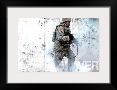 Military Grunge Poster: Bravery. A soldier races through a smoke screen