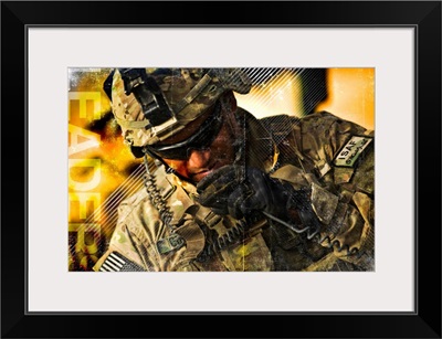 Military Grunge Poster: Leaders. U.S. Army soldier communicates to his crew on his radio