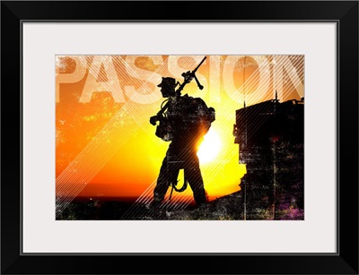 Military Grunge Poster: Passion. A machine gunner prepares to load
