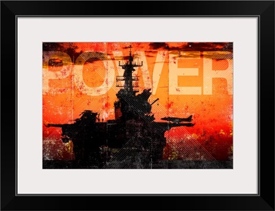 Military Grunge Poster: Power. The setting sun silhouettes the  USS Makin Island