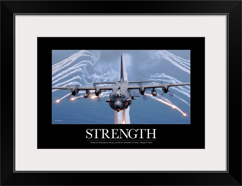 Big canvas of a military plane firing flares with the text "Strength" at the bottom.