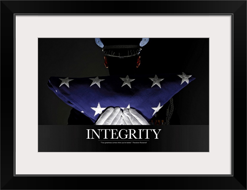 A silhouette of a soldier is shown as he holds up a folded American flag. The word "Integrity" is written below.
