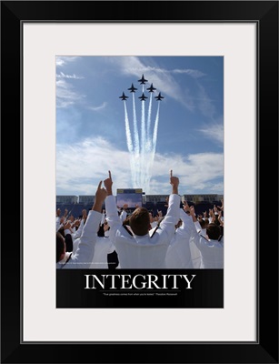 Military Poster: Members of the U.S. Naval Academy cheer as the Blue Angels perform