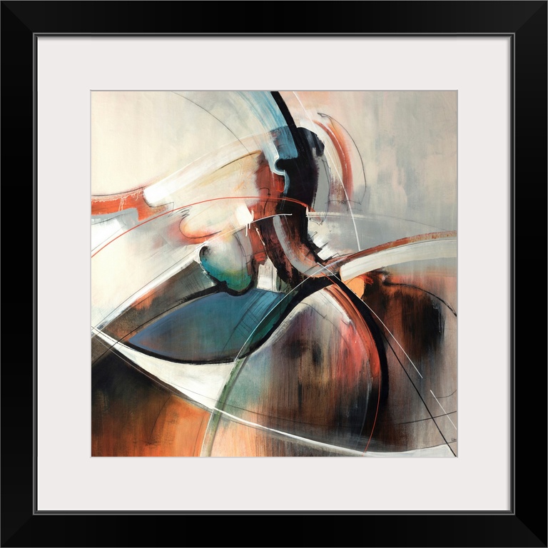 This contemporary painting is an abstract blend and swirl of shapes on square shaped wall art.