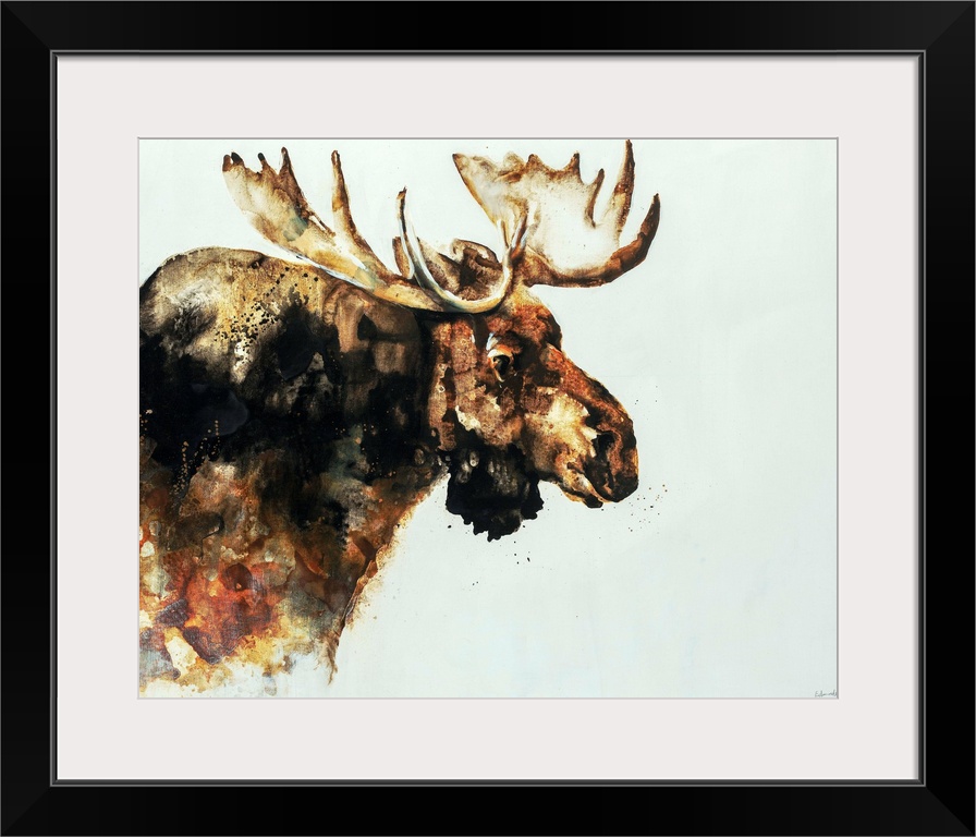 Contemporary watercolor portrait of a moose in varying shades of brown.