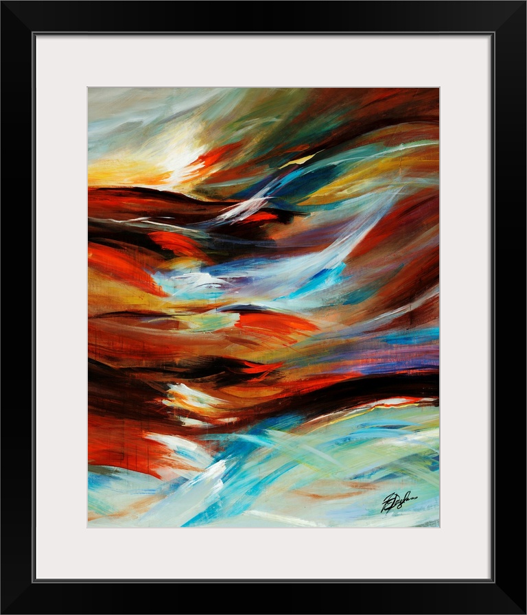 Contemporary abstract painting of wind blowing, illustration by colorful, curved lines.