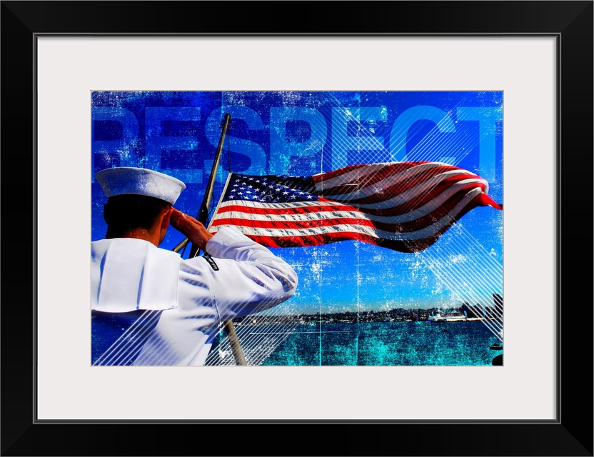 Big landscape wall hanging of Aviation Boatswain's Mate (Fuel) Airman Apprentice saluting the national ensign as it is low...