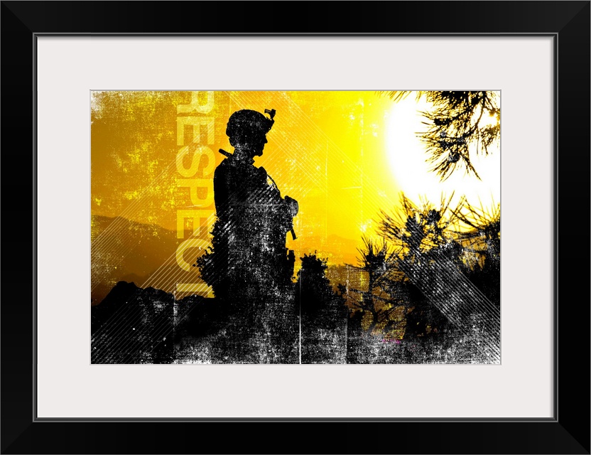 A silhouette of a soldier looking to the right with trees and mountains in the background and a grungy texture layered on ...