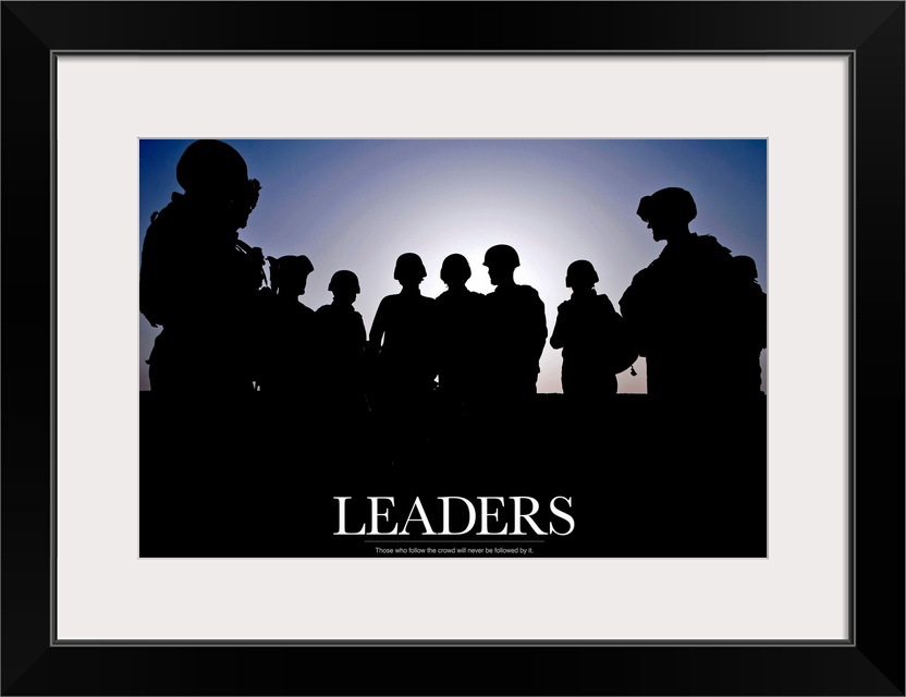 Large photo of the silhouette of soldiers standing against a clear sky with text at the bottom.