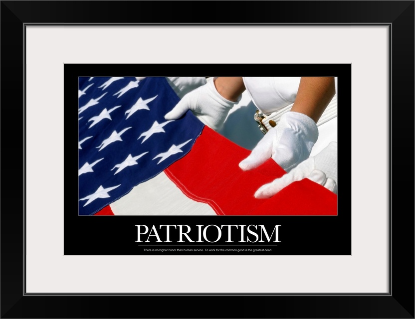 Big, horizontal, motivational wall hanging of gloved hands holding the American Flag, the image is surrounded by a black b...