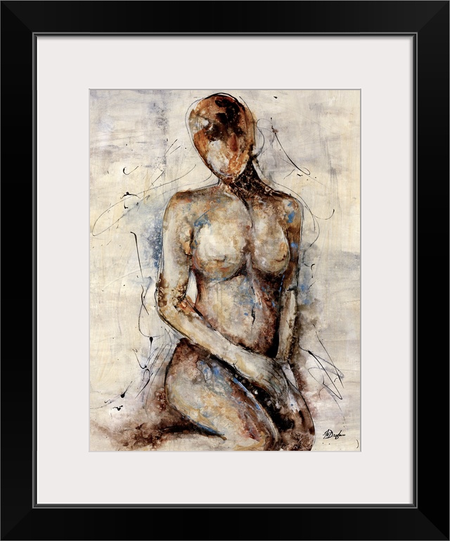 Contemporary abstract figurative painting of a woman's figure sitting on her knees. The image is void of any fine details ...