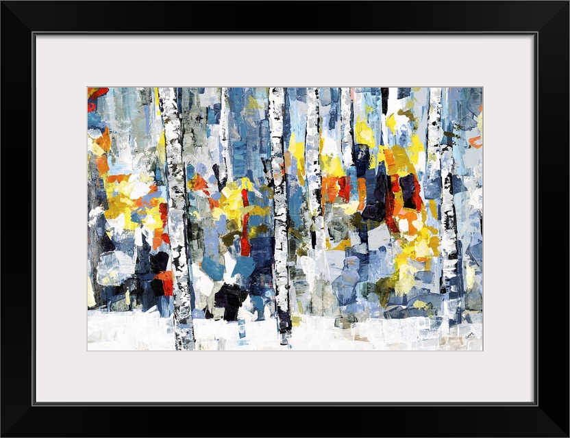 Horizontal abstract painting of a wooded forest with colorful fall leaves.