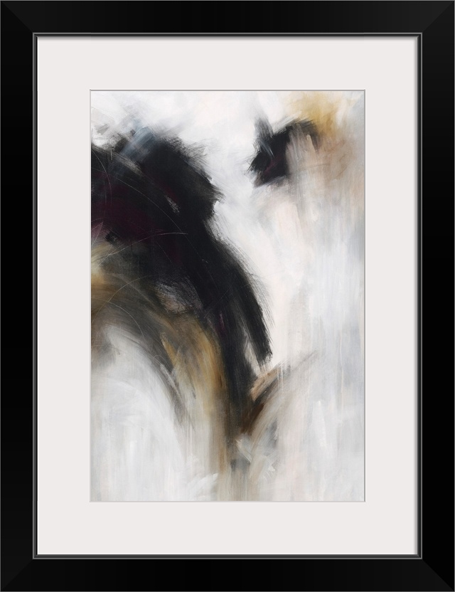 Vertical abstract painting with dark black over bright grey.