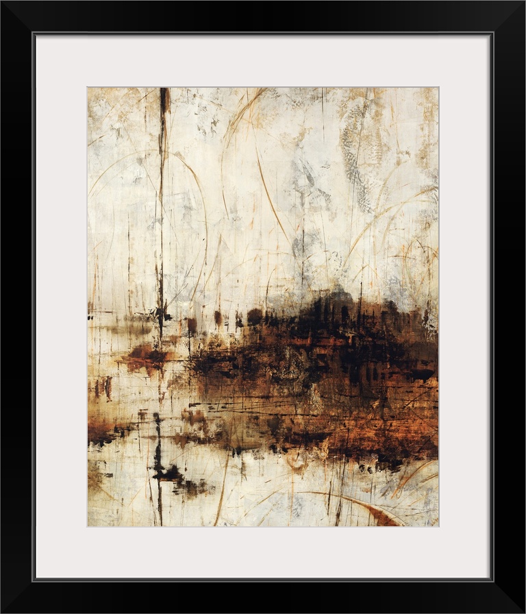 This piece of abstract artwork has a neutral background that appears to have been scratched and distressed. A dark cloud s...