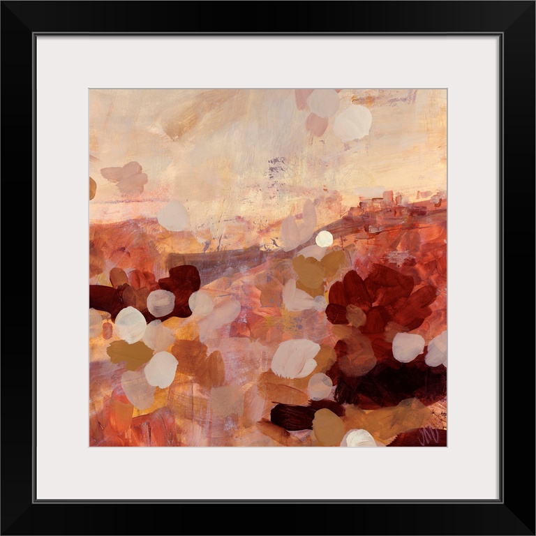 Earth tone abstract painting of layered paint daubs on top of wide brush strokes.