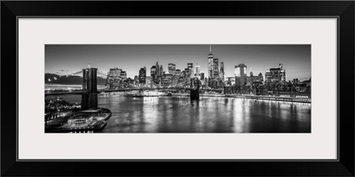 New York City Skyline with Brooklyn Bridge in Foreground, Evening, Black and White