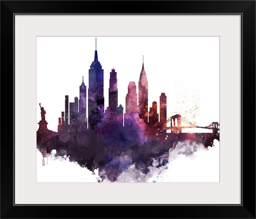 The New York City skyline in colorful watercolor splashes.