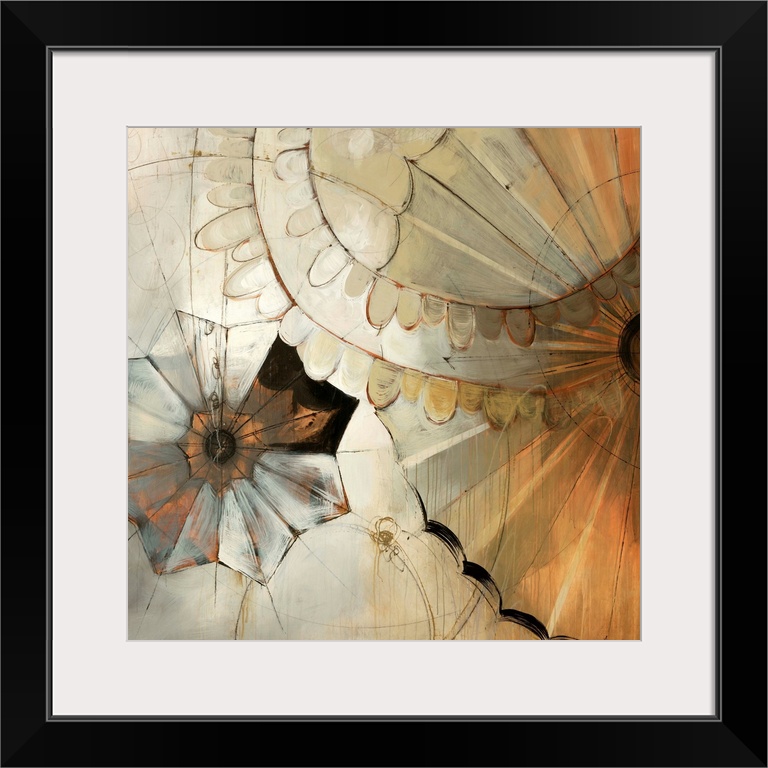 Big abstract art composed of earth tones incorporates a heavy use of straight and curved lines to make shapes that appear ...