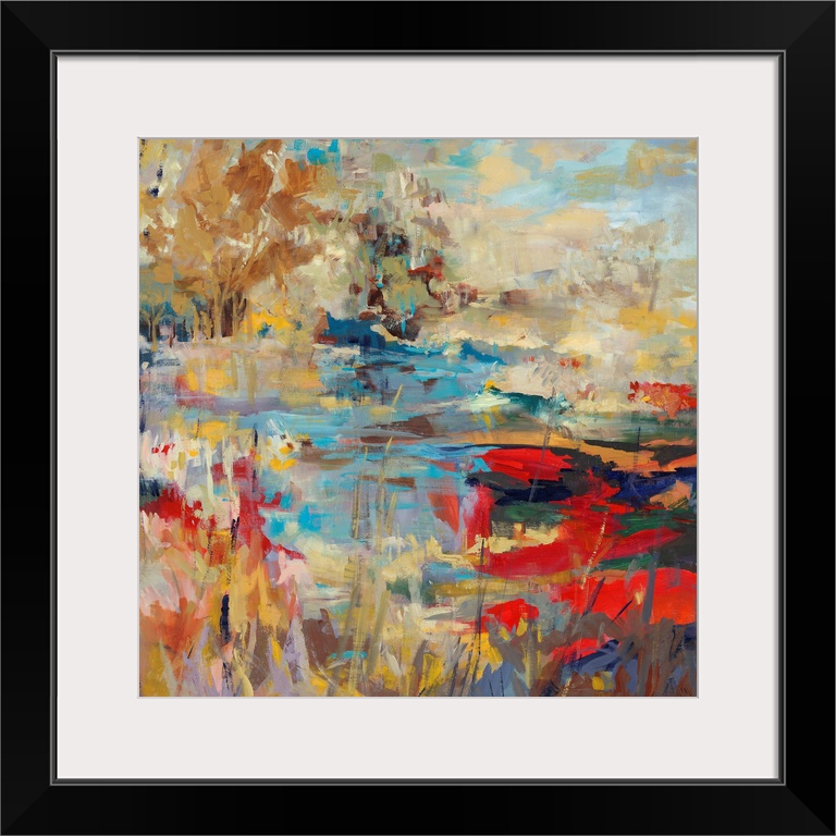 Abstract landscape painting of a creek with hints of poppy red and bright, mustard yellows.