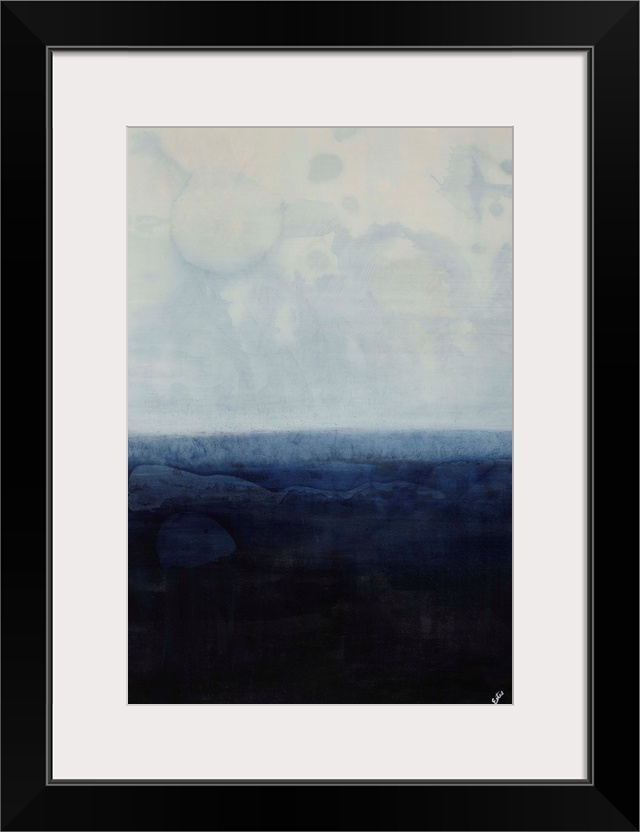 Simplistic abstracted seascape of a field of gray-blue overtop a field of navy.
