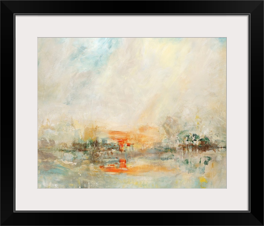 Abstract art painted in muted tones of gray and blue, with hints of brown and bright orange.