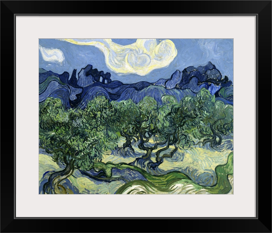 Vincent van Gogh's Olive Trees with the Alpilles in the Background (1889) famous landscape painting.