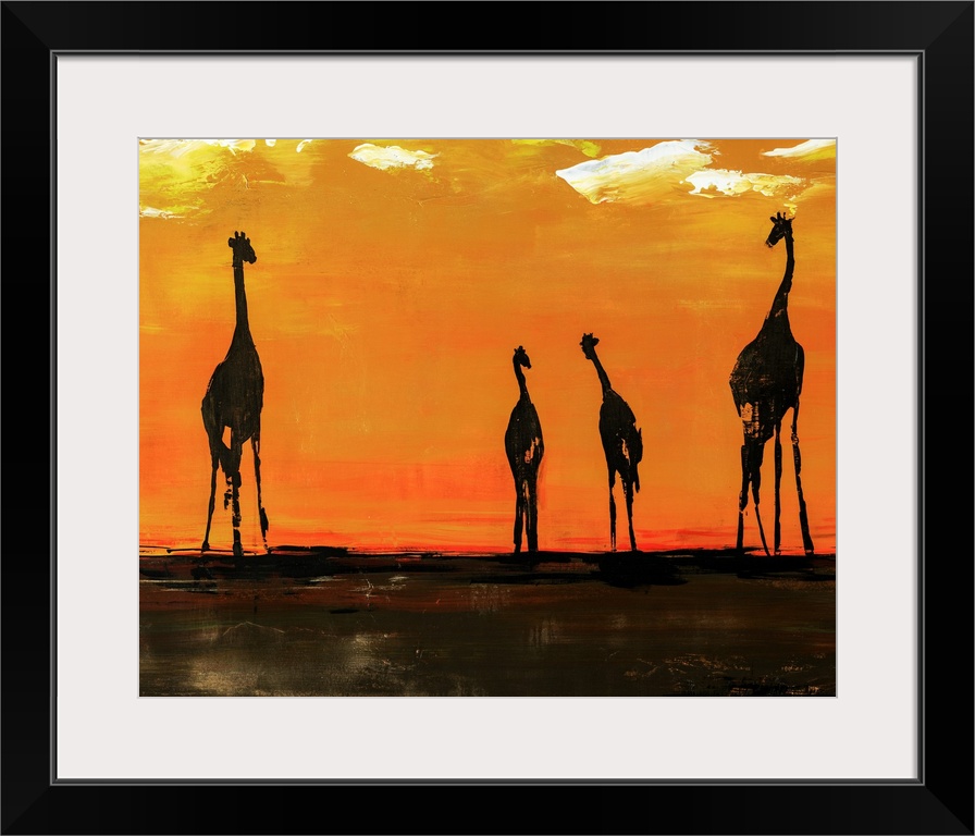 Portrait of giraffes on the African plain in front of a vibrant, orange background.