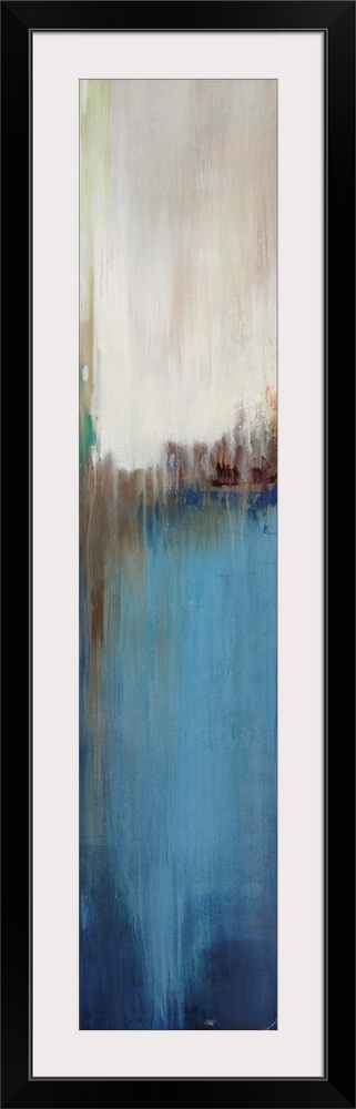 Abstract painting with a composition of varying shades of blue, cool gray, and tan divided in three sections.