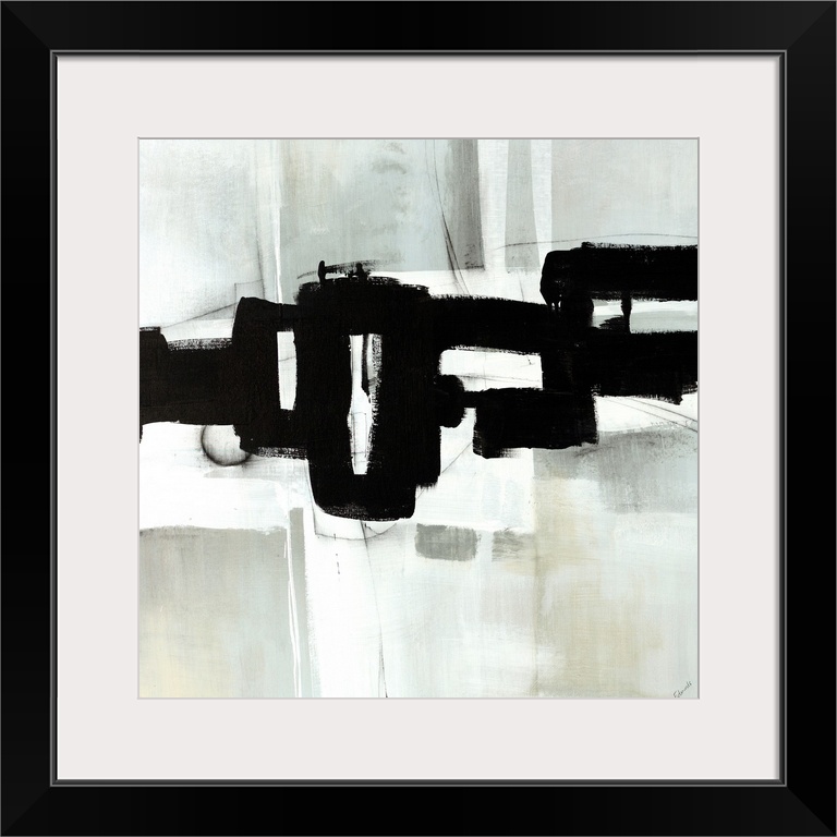 Contemporary abstract painting of interlocking black shapes over a gray background.